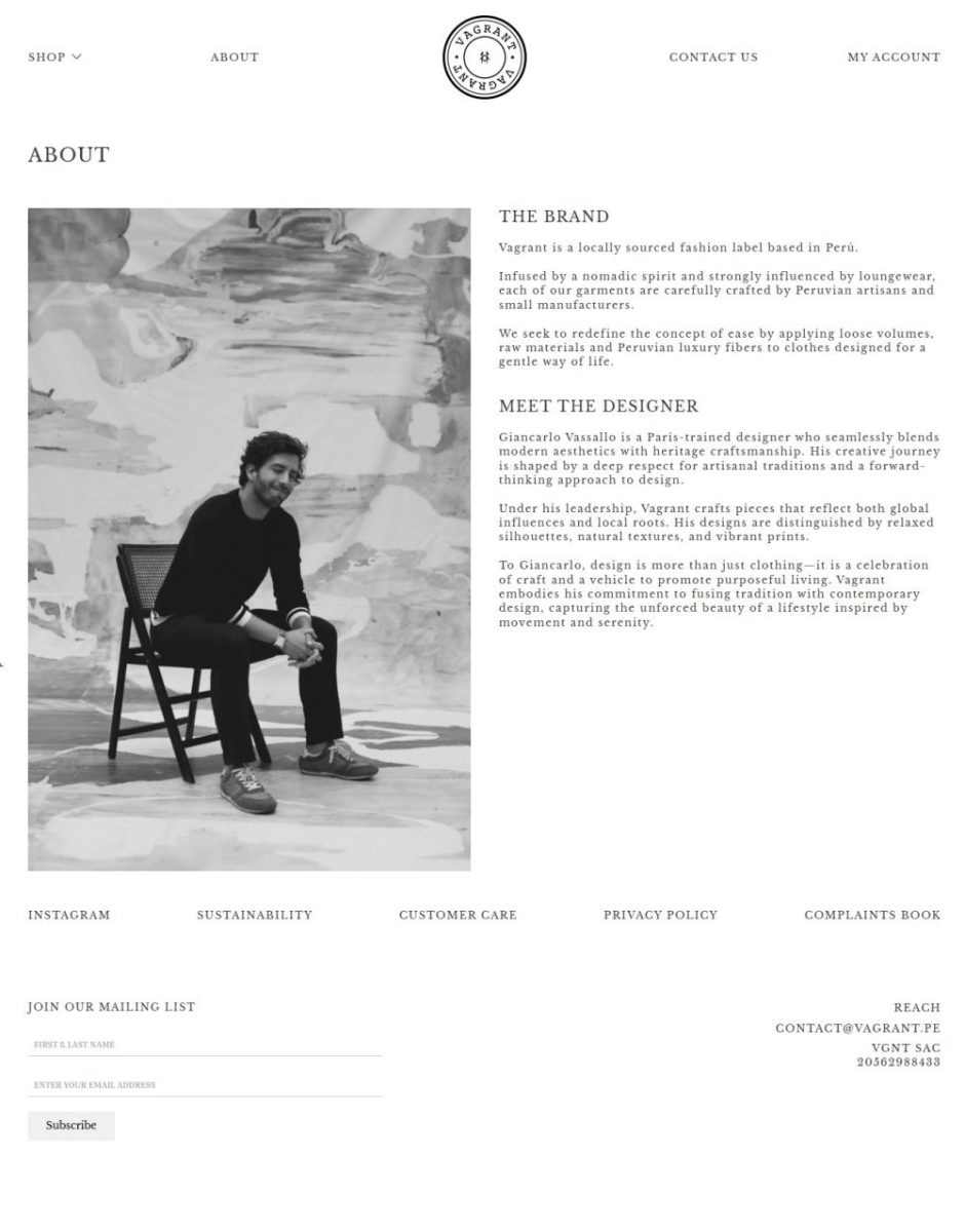 Diseñador de moda de Vagrant, marca peruana de lujo sostenible, sentado en estudio artístico creativo.