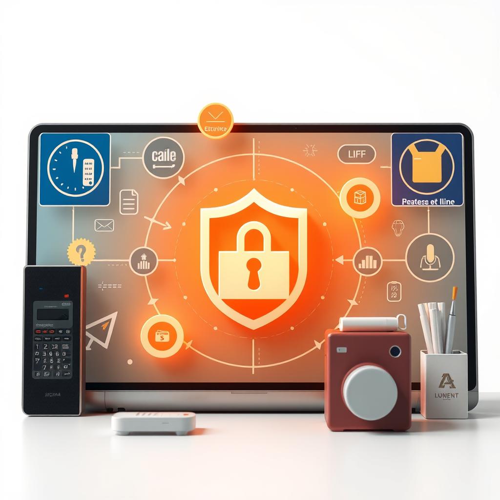 Ilustración de seguridad cibernética con un candado en pantalla, dispositivos y elementos de oficina alrededor.