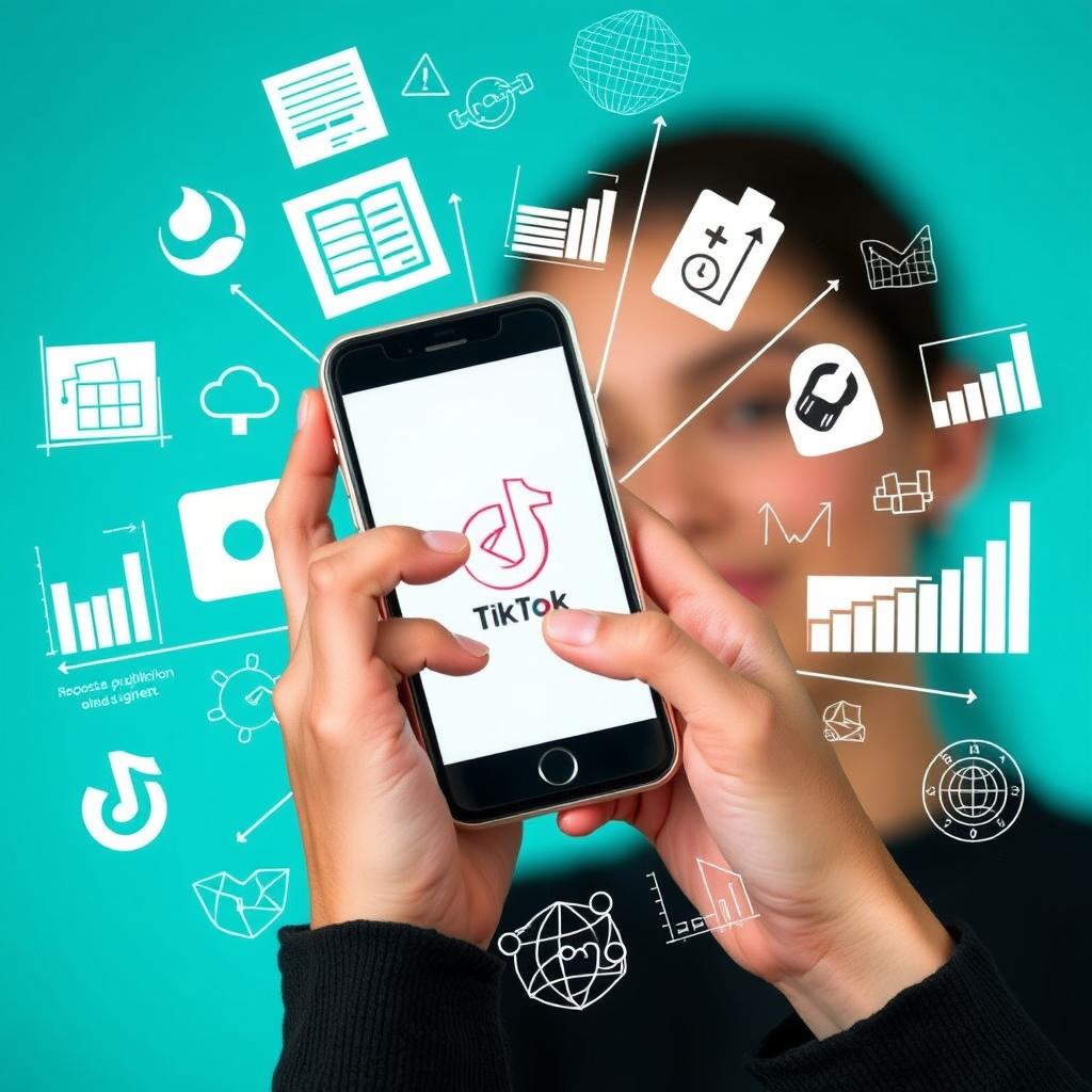 Persona usando TikTok en el móvil, rodeada de iconos digitales y gráficos de crecimiento en fondo azul.