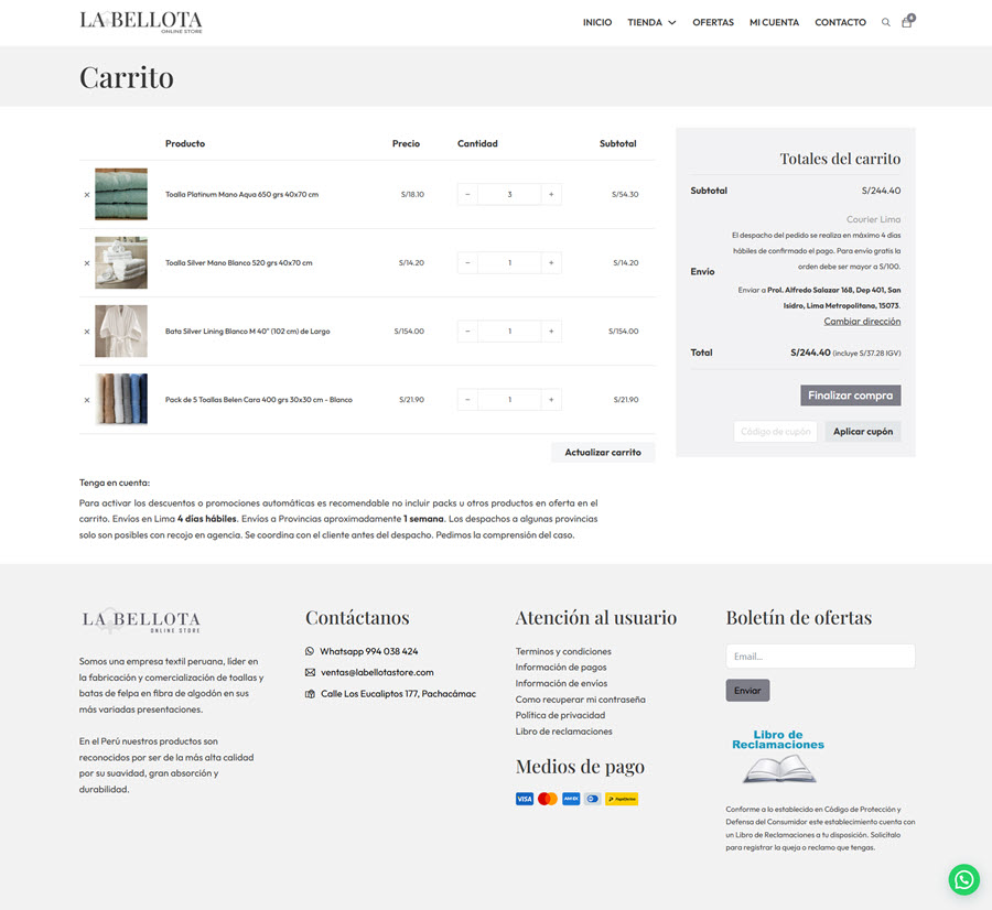 Página de carrito de compras en línea de La Bellota con productos y opciones de pago detalladas.