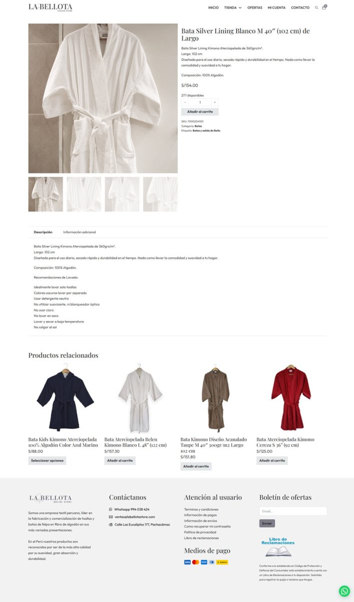 Bata blanca de algodón Silver Lining, larga y suave, ideal para el hogar. 100% comodidad. Disponible en La Bellota.