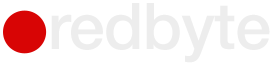 Logotipo de Redbyte con un círculo rojo a la izquierda y texto en gris claro sobre fondo blanco.