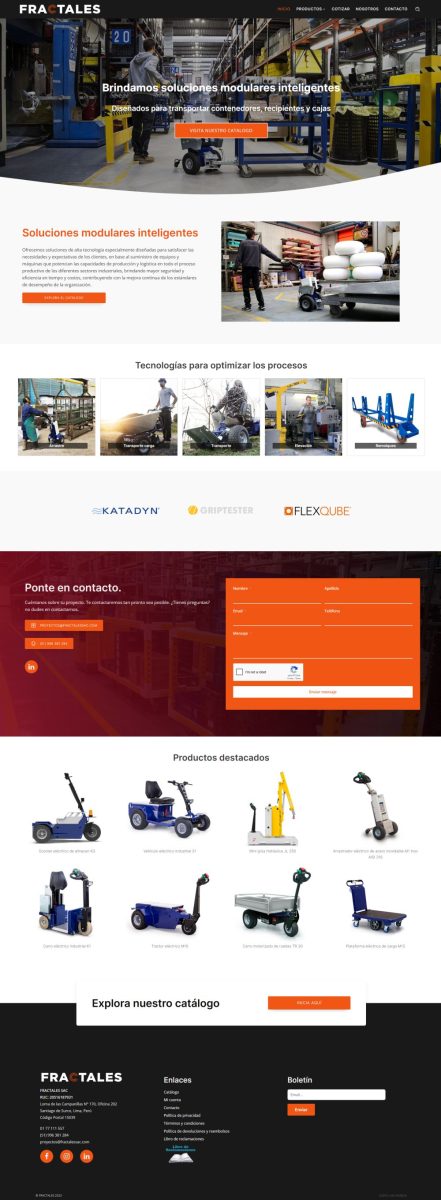 Página web de soluciones modulares inteligentes para transporte industrial en almacenes.