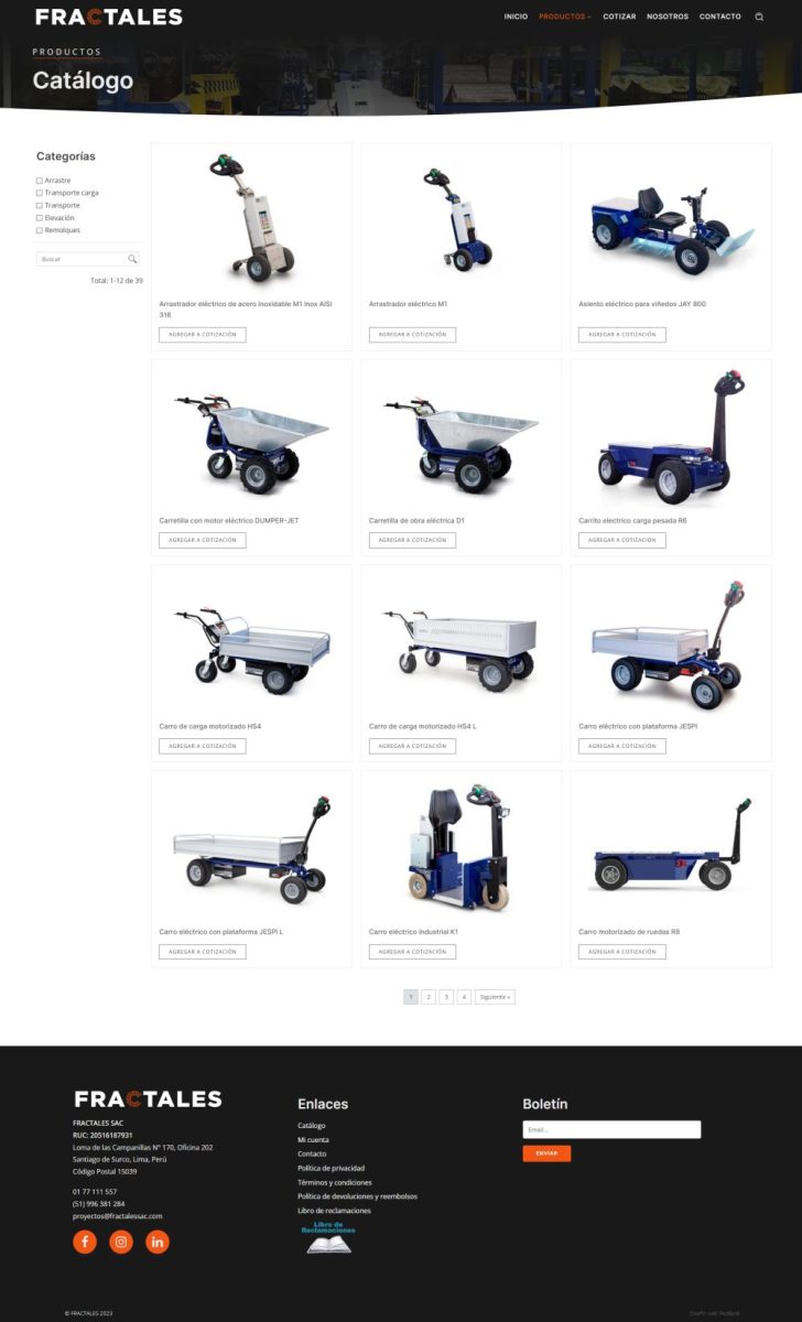 Catálogo de carros eléctricos Fractales con modelos para diversas industrias.