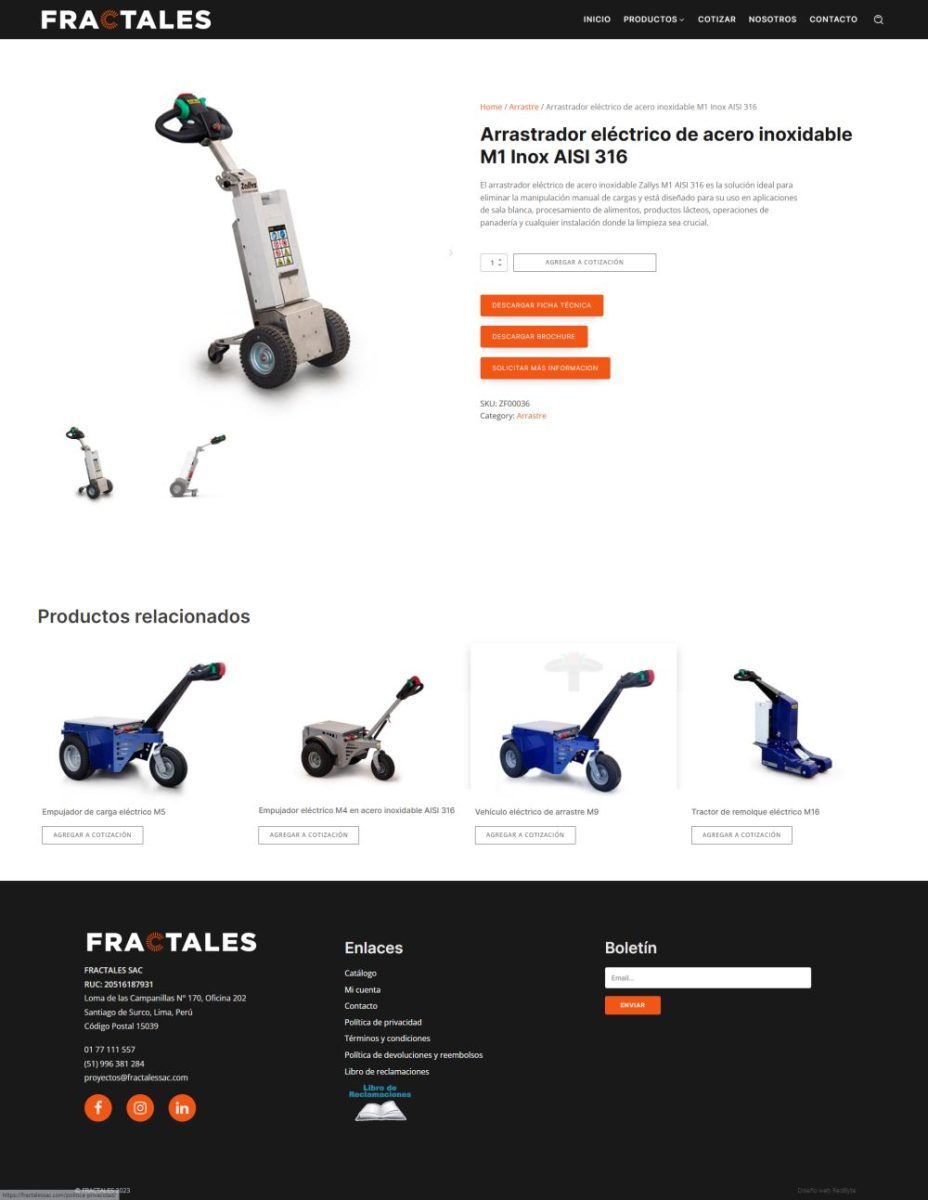 Arrastrador eléctrico de acero inoxidable M1 Inox AISI 316 para manipulación segura en industrias y comercios.