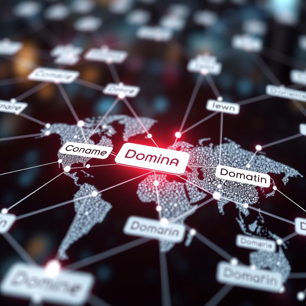 Mapa mundial digital con conexiones de dominios de internet resaltados en un fondo oscuro.