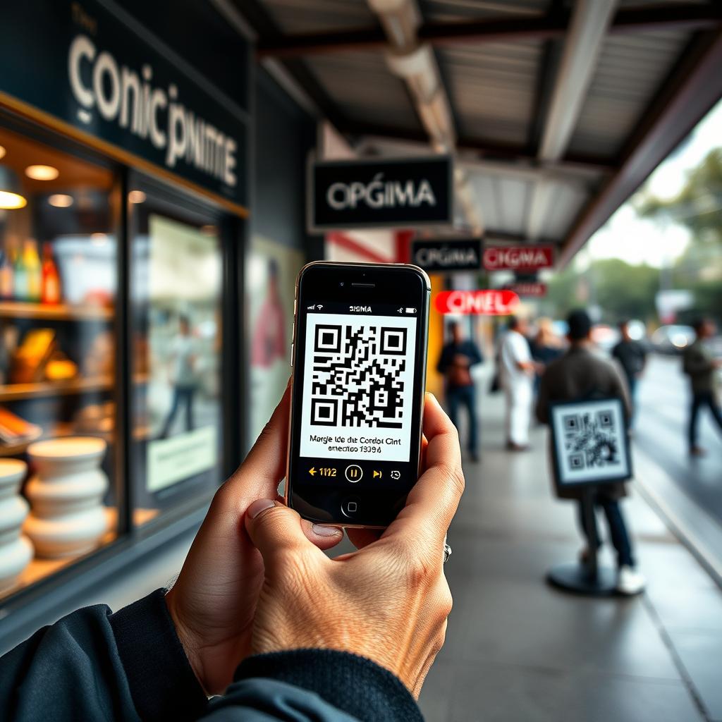 Persona escaneando un código QR en una calle transitada con un smartphone.