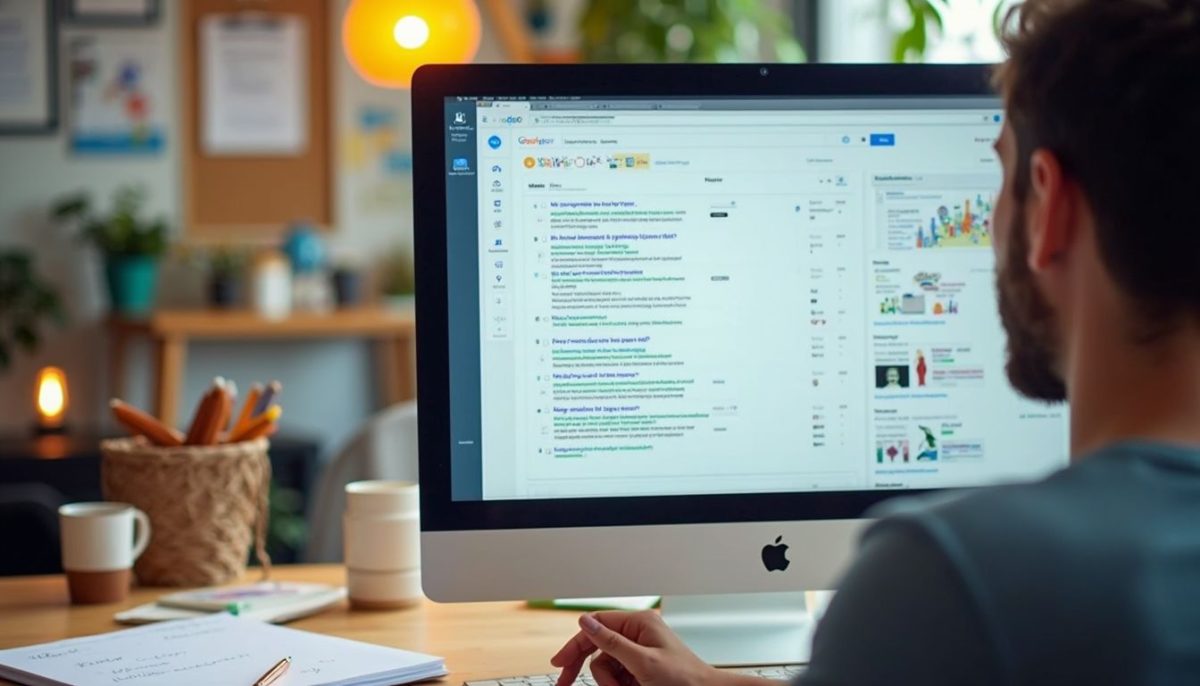 Hombre usando computadora para análisis SEO en oficina moderna, pantalla muestra resultados de búsqueda y gráficos.