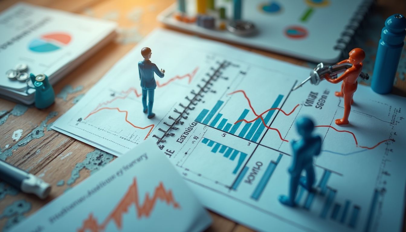 Figuras observando gráficos y estadísticas en documentos financieros sobre una mesa de madera.