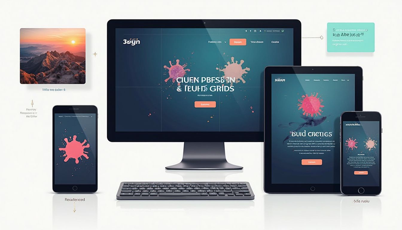 Diseño web adaptable en dispositivos: computadora, tablet y smartphone mostrando contenido gráfico.