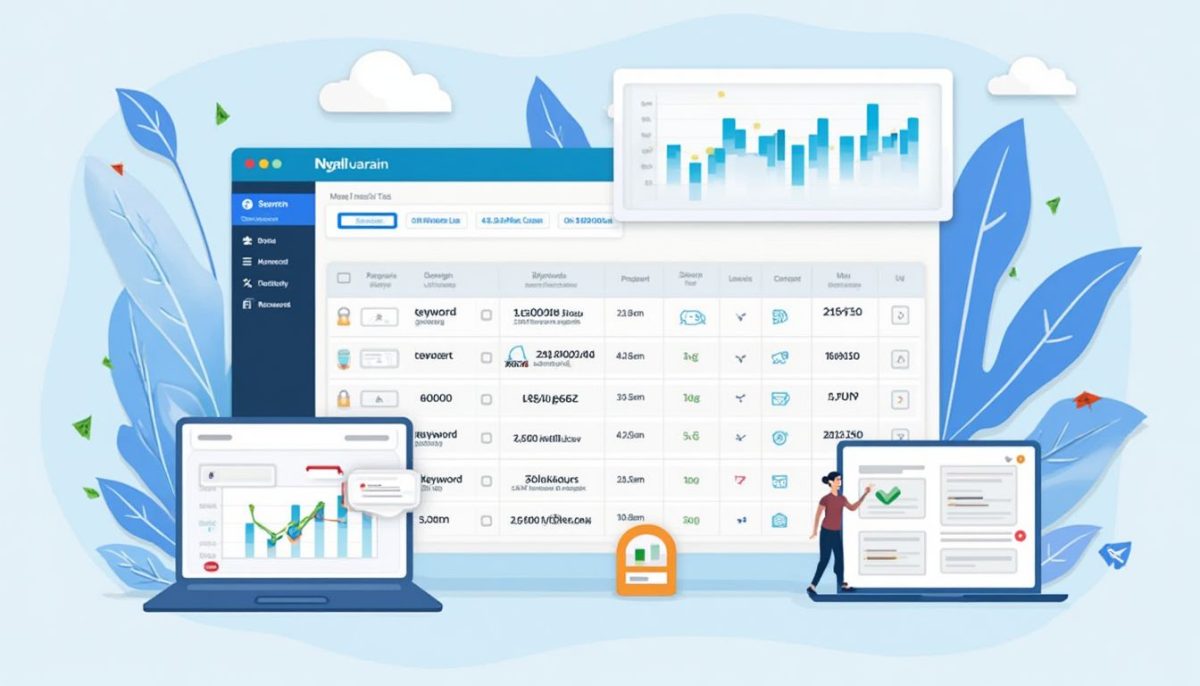 Interfaz gráfica de software analizando datos SEO con gráficos y estadísticas en múltiples pantallas.