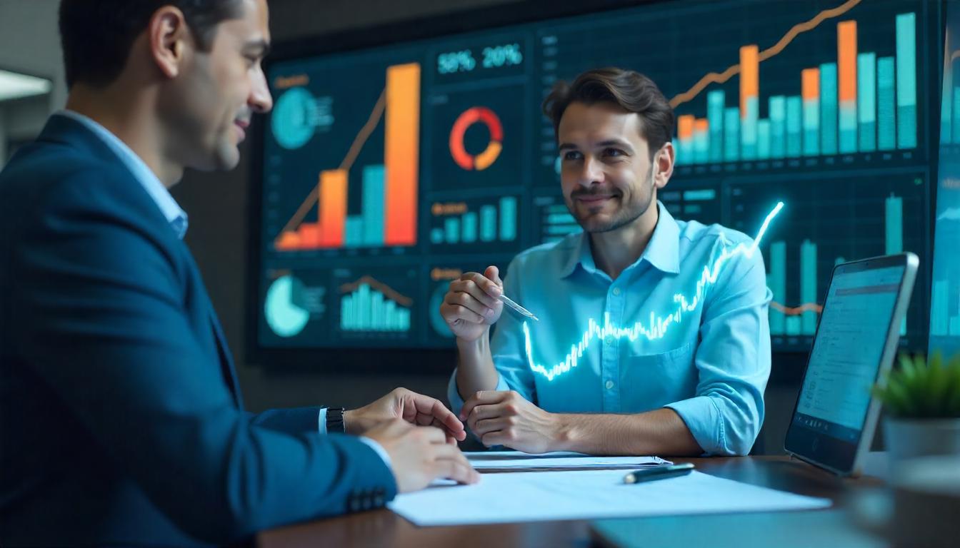 Esta es una imagen de dos personas hablando frente a una pantalla de datos y gráficos. La persona en la izquierda parece ser una mujer que está sentada frente a una mesa con una pizarra y una lámpara. Ella está vestida formalmente, con un cabello largo y una sombrilla, y parece estar escribiendo o apuntando algo en la pizarra. La persona en la derecha es un hombre que se encuentra de pie ante el escritorio, con sus manos en los bolsillos y una expresión neutral o seria. Él está vestido informalmente con camiseta azul clara y calzado formal. Ambos están enfocados en la pantalla de datos detrás de ellos, que muestra gráficos y estadísticas. La imagen sugiere un ambiente de trabajo o negocios centrado en análisis de datos o presentación de resultados a una audiencia.