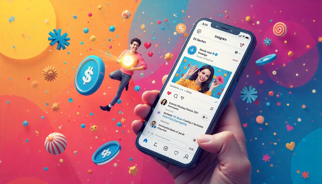 Un teléfono móvil mostrando una app social animada, donde un usuario está celebrando su logro con un gesto de triunfo mientras que el entorno está lleno de símbolos como monedas y globos para indicar éxito en las redes sociales.
