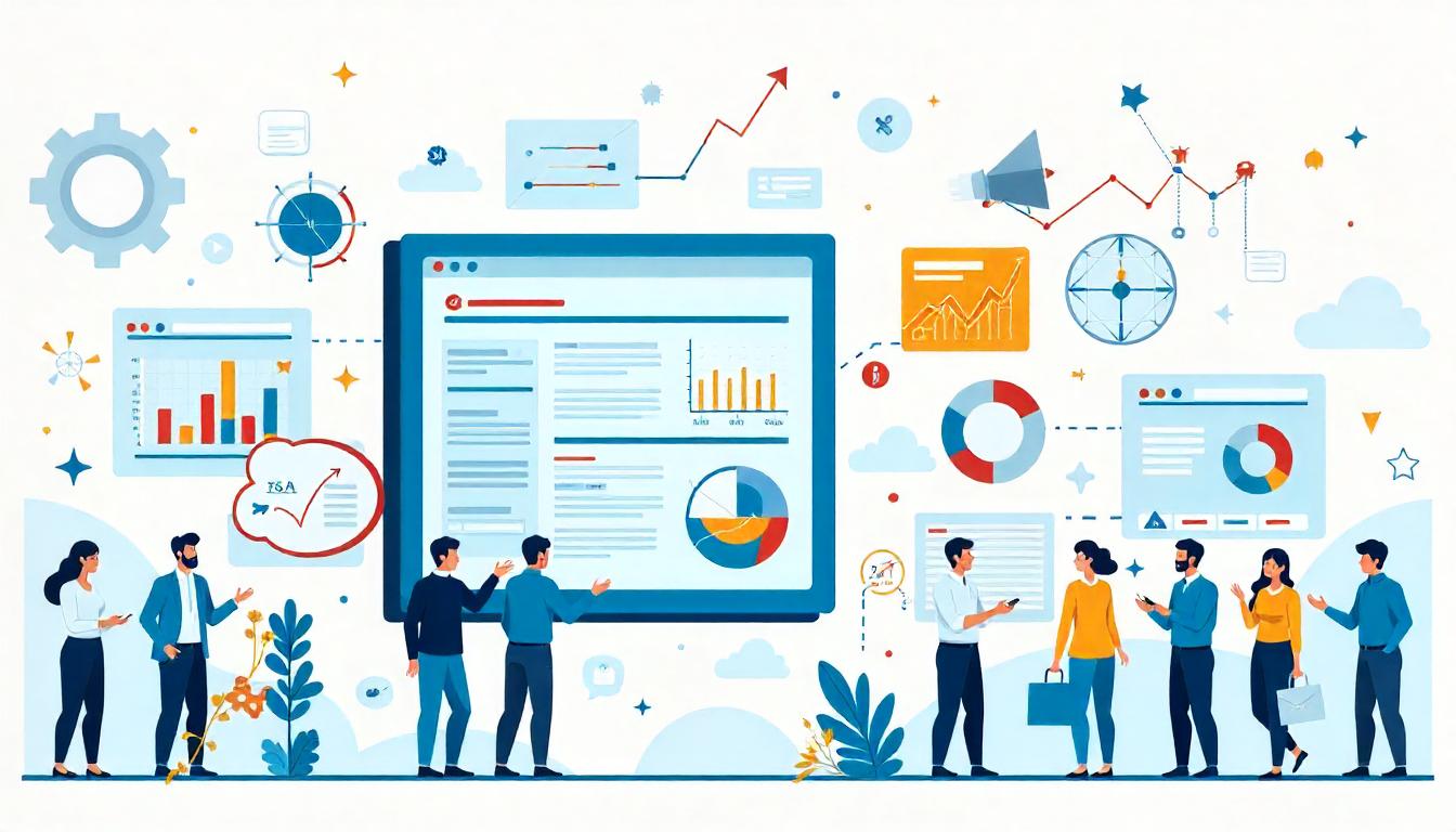 Gráfico representando una variedad de iconos relacionados con la gestión y análisis de datos, incluyendo gráficos, hojas de cálculo y gráficos, indicando una visión integral del crecimiento empresarial.
