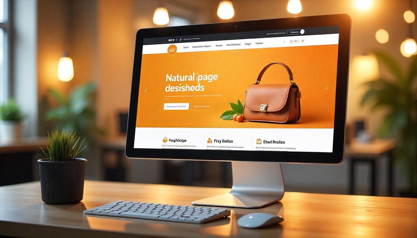 Monitor de escritorio mostrando una página web publicitaria para un bolso marrón, junto a accesorios como teclado y ratón, en un entorno profesional con iluminación cálida.