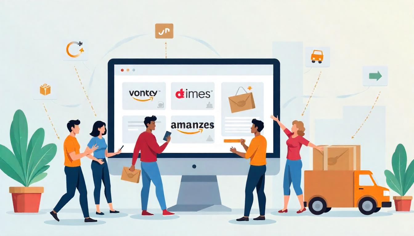 Gráfico mostrando la colaboración entre diversas plataformas e individuos en la actividad comercial, con iconos representativos como carritos de compras, correos electrónicos y vehículos para indicar el flujo de negocios y entrega