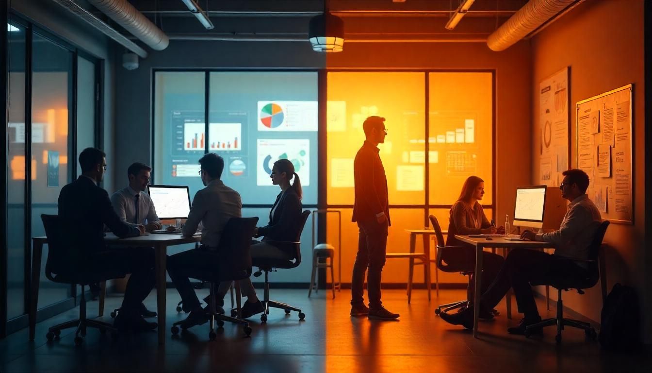 Un espacio de trabajo nocturno donde un grupo de personas se reúne para discutir estrategias empresariales, con una proyección de gráficos financieros en el fondo para indicar la importancia del análisis y la toma de decisiones basadas en datos.