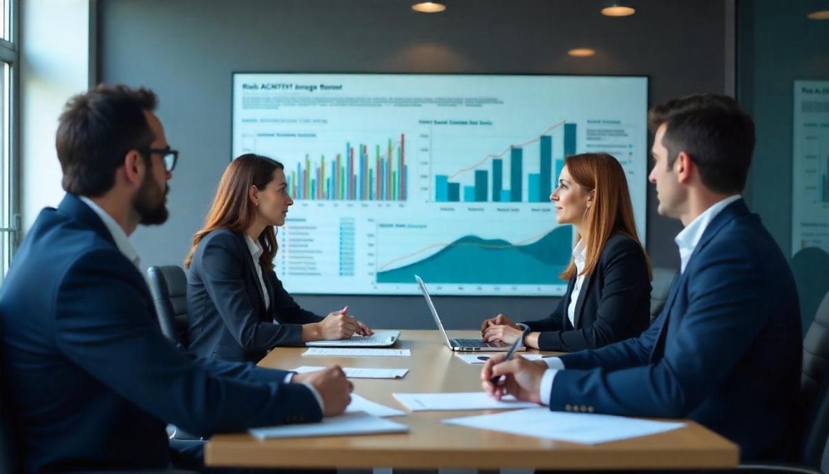 Reunión de negocios con presentación de gráficos de estadísticas en pantalla.