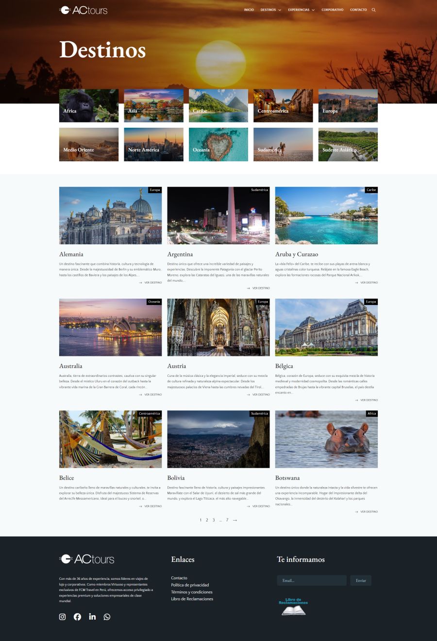 Página de destinos turísticos de ACtours con imágenes y descripciones de países.