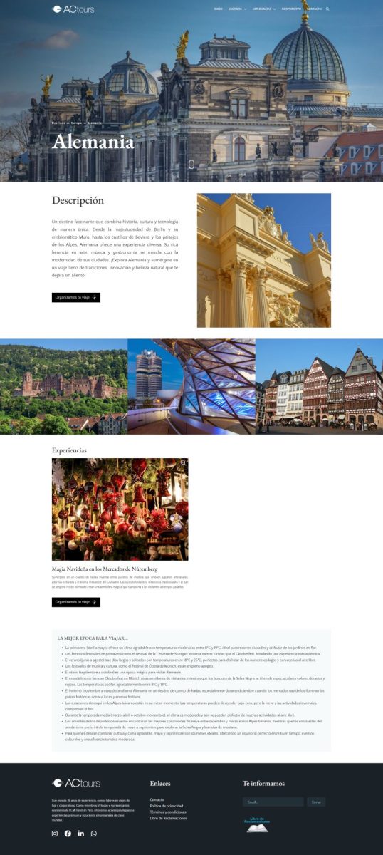 Página de ACtours sobre turismo en Alemania, muestra arquitectura y cultura local destacada.