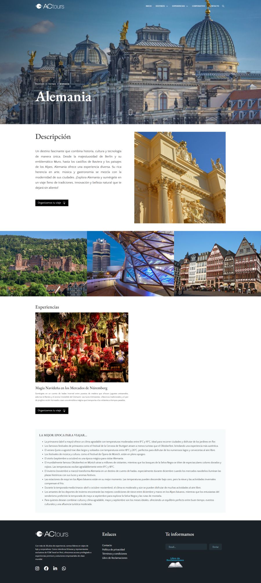 Página de ACtours sobre turismo en Alemania, muestra arquitectura y cultura local destacada.