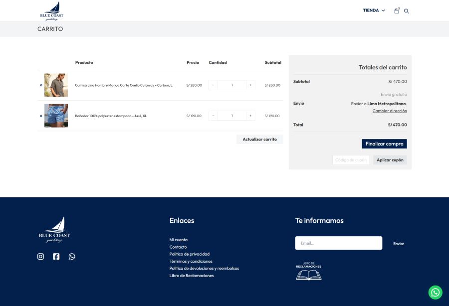 Carrito de compras en línea con camisa de lino y bañador; total S/470; opción de finalizar compra.