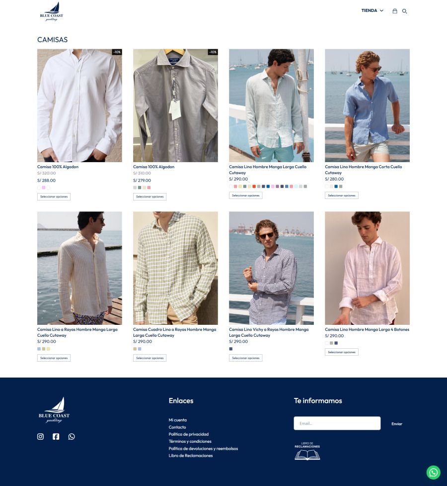 Página de producto de camisetas de lino y algodón con descuento en tienda en línea Blue Coast.