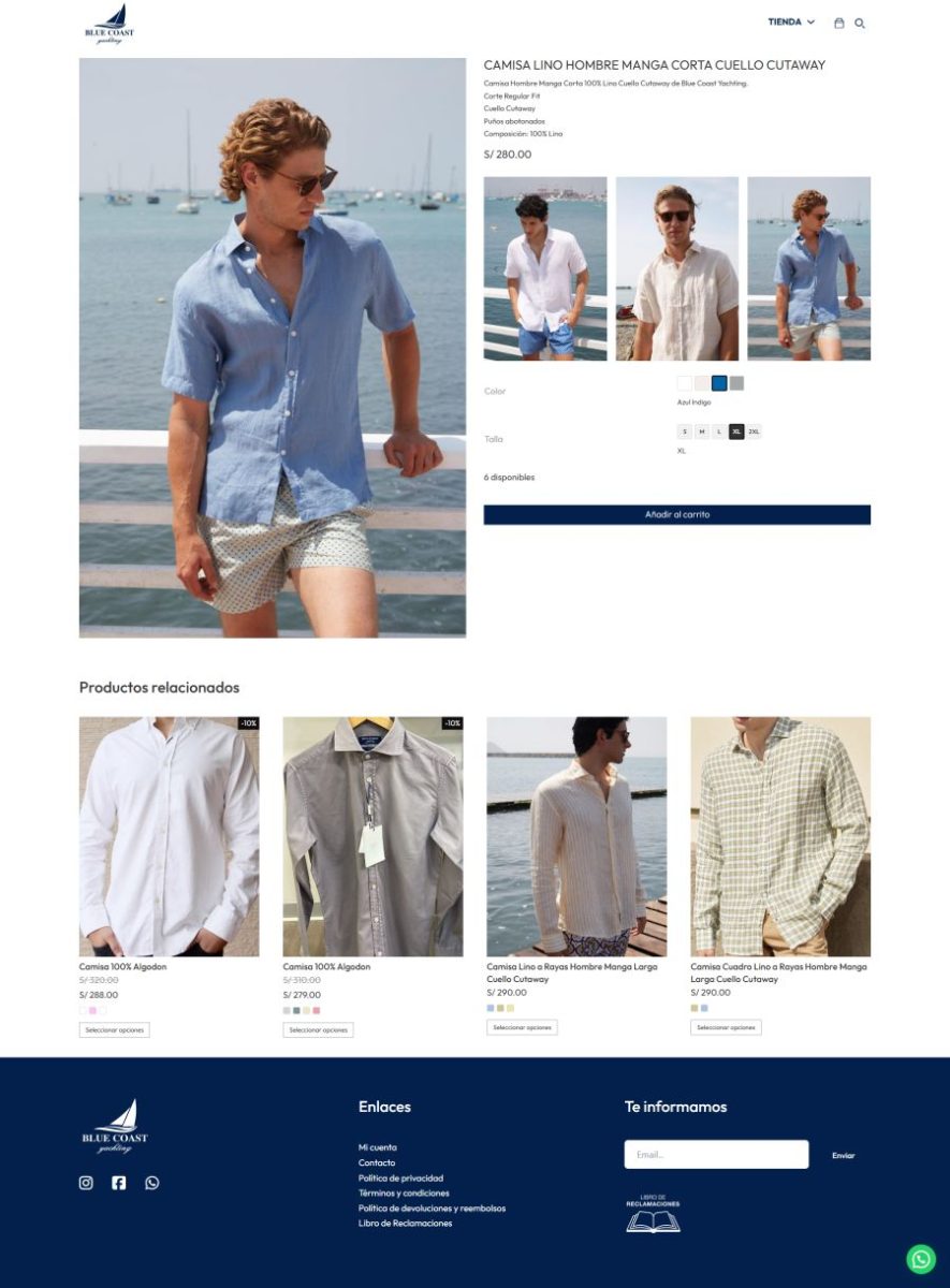 Camisa de lino azul para hombre con cuello cutaway, ideal para verano. Disponible en Blue Coast Yachting.