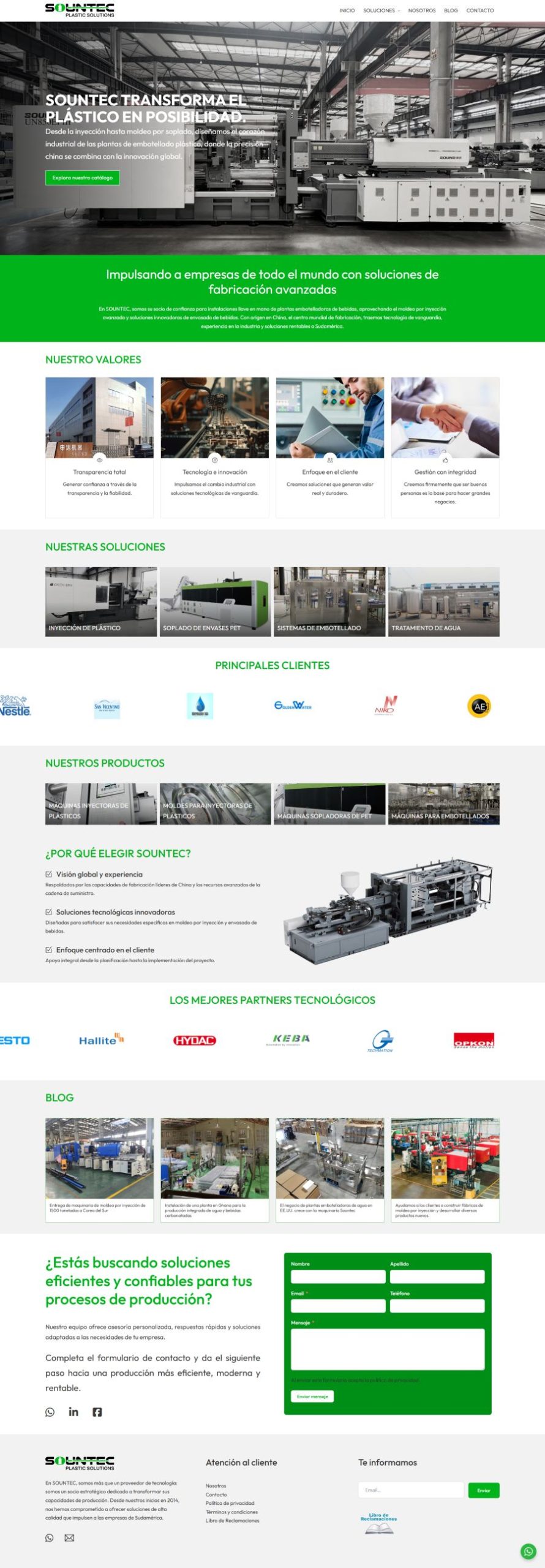 Página web de Sountec: soluciones avanzadas de plástico, inyección y embotellado para empresas.