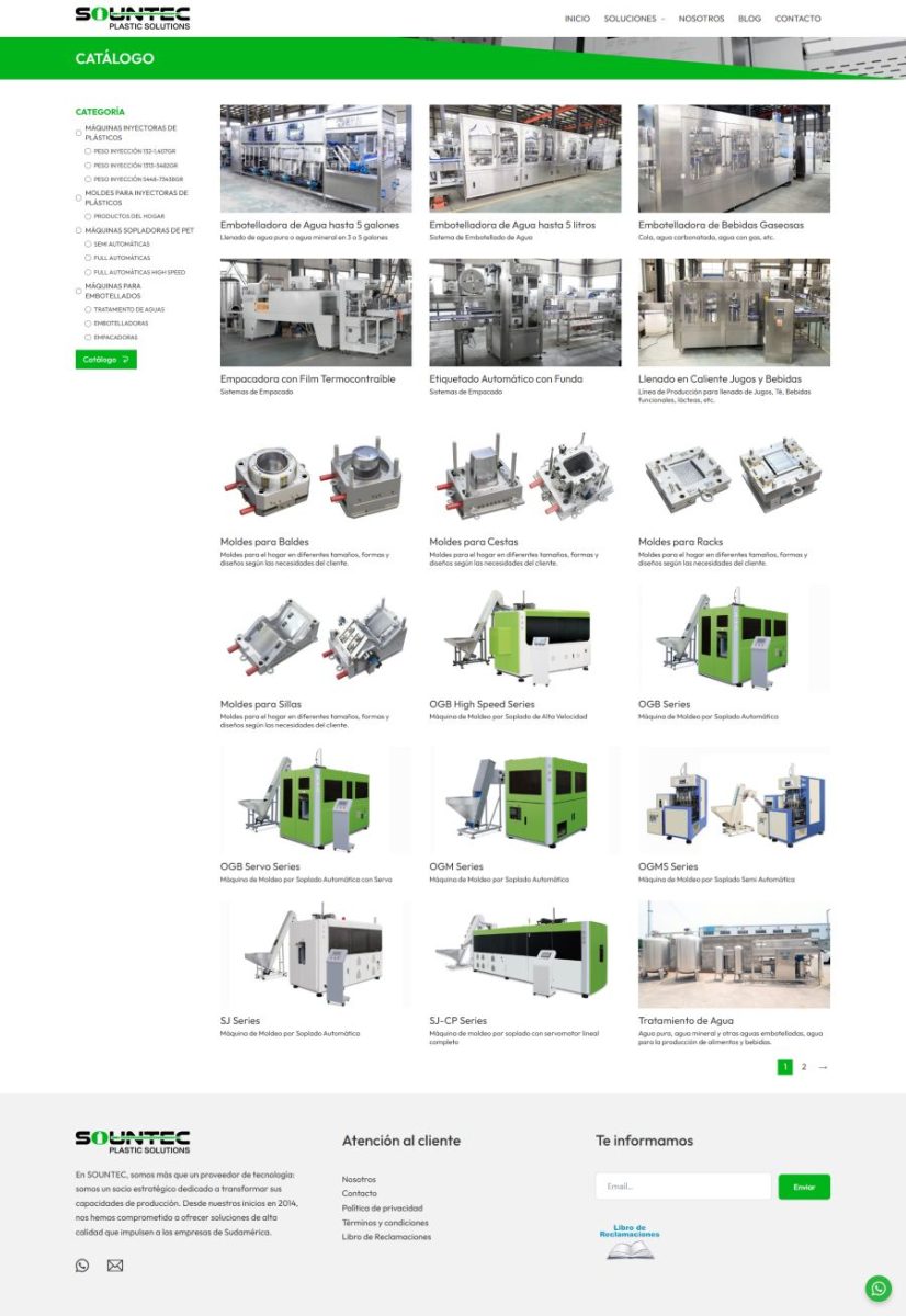 Página de catálogo de Soundtec: máquinas de llenado, moldes y etiquetado para productos plásticos.