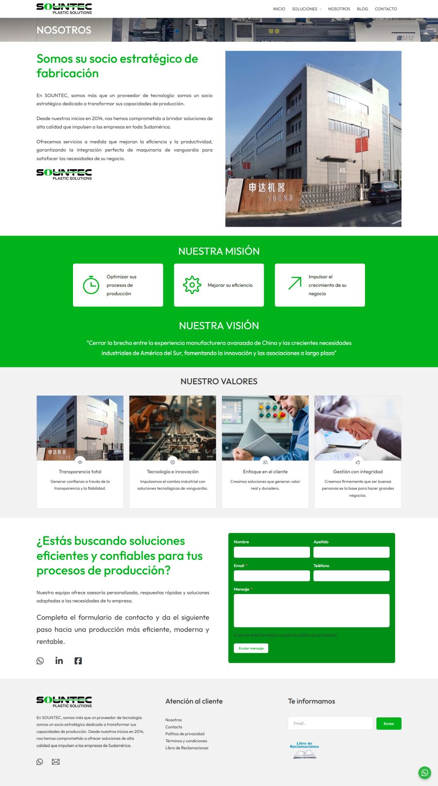 Página de inicio de Sountec mostrando su misión, visión y valores en fabricación tecnológica.
