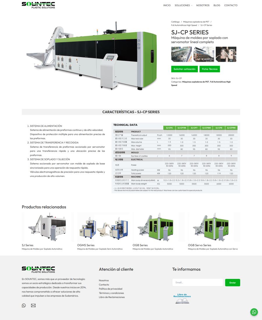 Página de producto SJ-CP SERIES de Sountec: máquina de moldeo por soplado con servomotor para producción de PET.