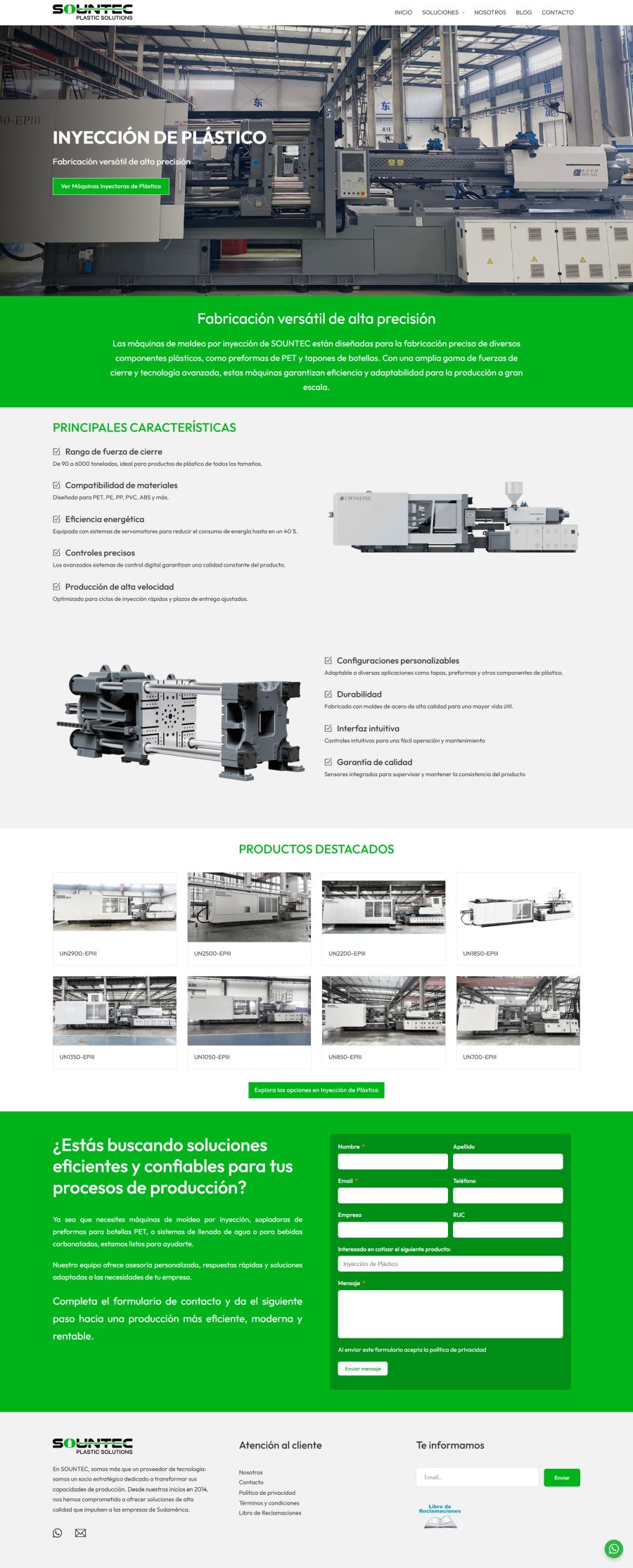 Página web de Sountec: fabricación y características de máquinas de inyección de plástico.