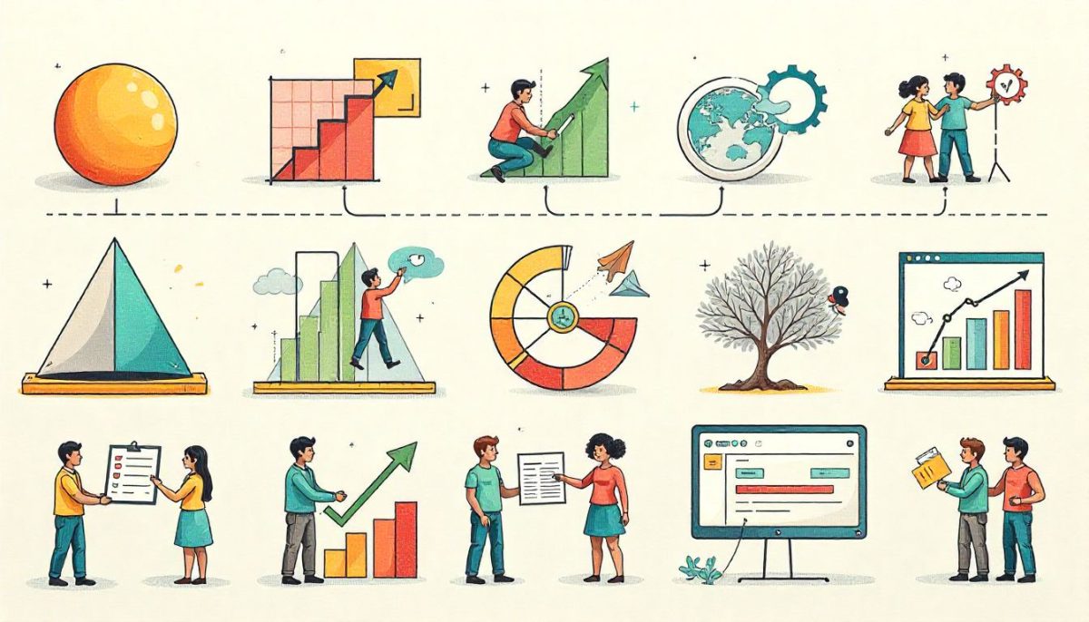 Ilustraciones de conceptos de crecimiento y colaboración: gráficos, reuniones, análisis y desarrollo global.