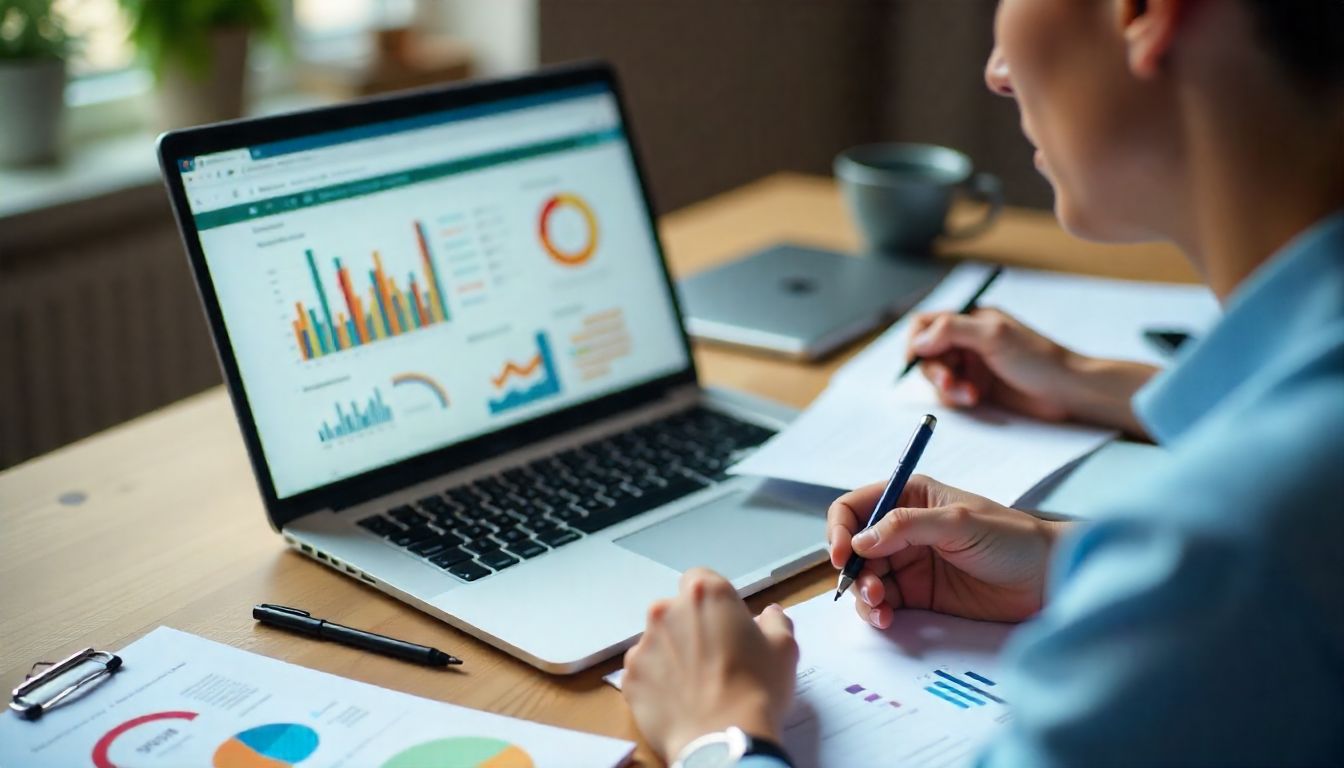Persona analizando gráficos en laptop para reporte de datos. Escritura y análisis financiero en oficina.