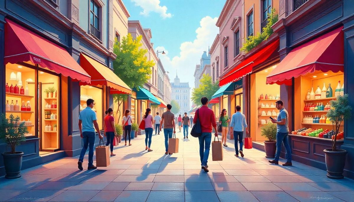 Personas caminando en una calle comercial con tiendas y toldos de colores en un día soleado.