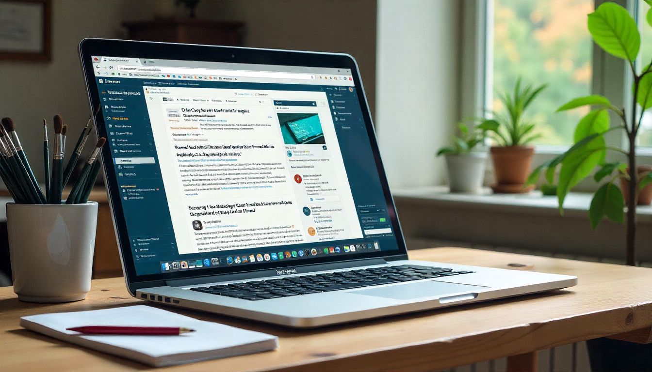 Portátil en escritorio de oficina con bloc de notas y plantas, ventana al fondo.