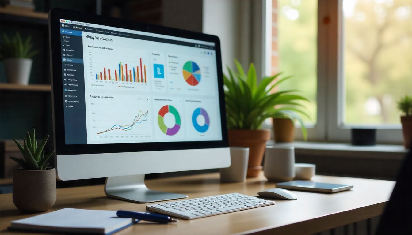 Pantalla de ordenador con gráficos de análisis de datos en oficina con luz natural y plantas.