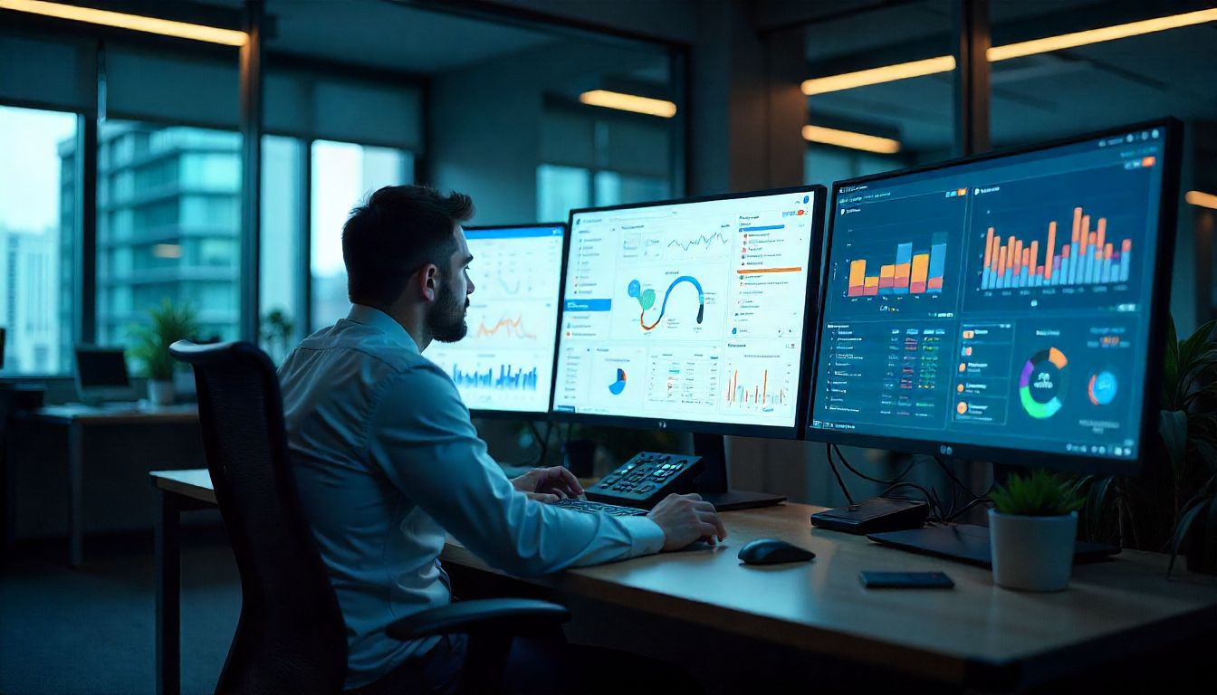 Analista trabajando con datos en múltiples pantallas en una oficina moderna.