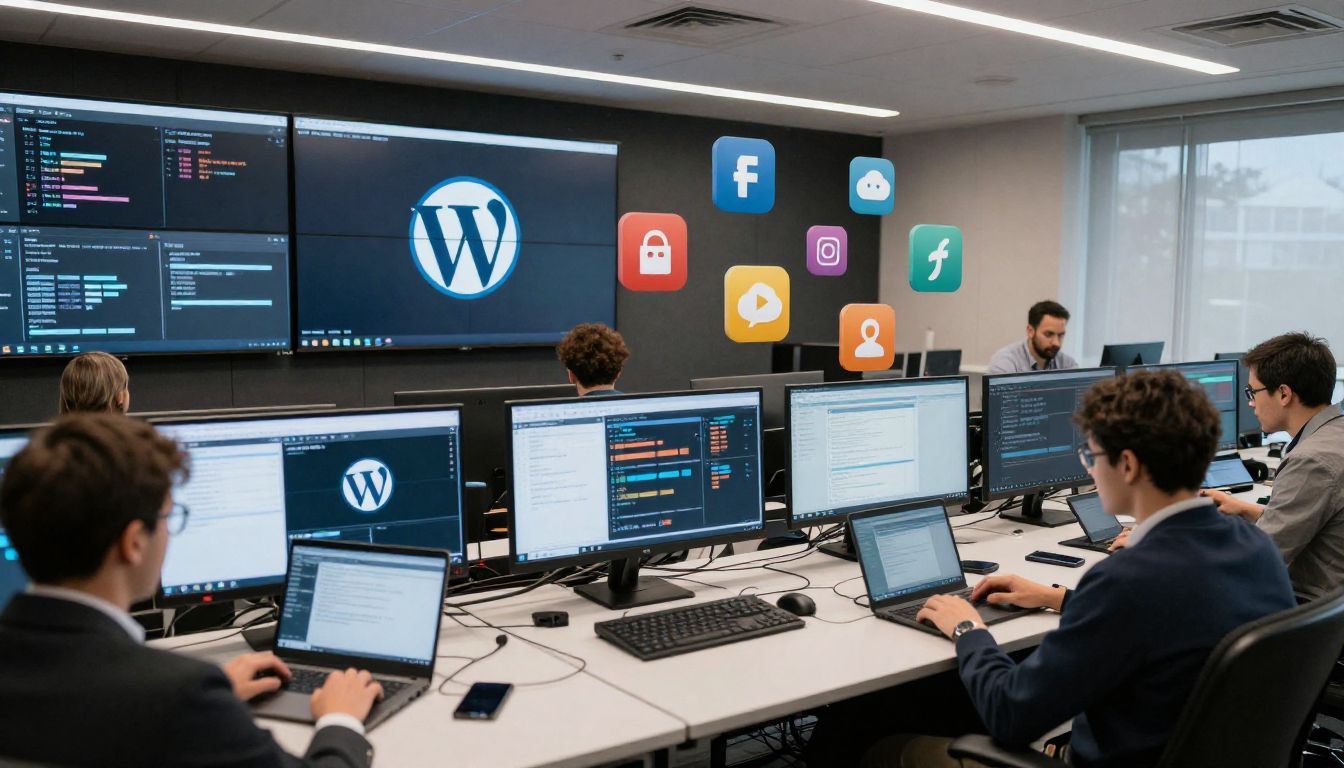 Trabajadores en oficina desarrollan en WordPress con múltiples pantallas y logos de redes sociales en la pared.