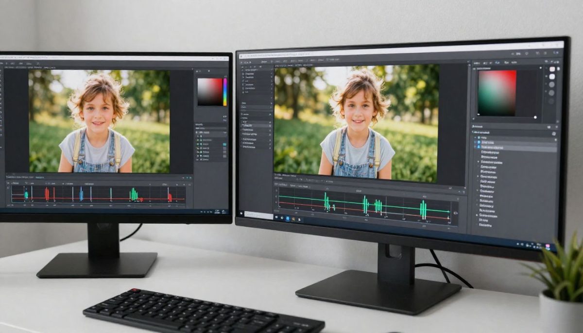 Dos monitores muestran edición de videos con imagen de un niño al aire libre, teclado en escritorio.