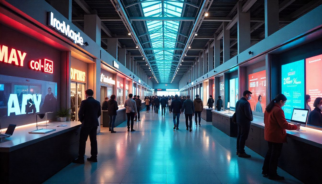 Centro comercial moderno con visitantes y luces brillantes. Ambiente animado y contemporáneo.