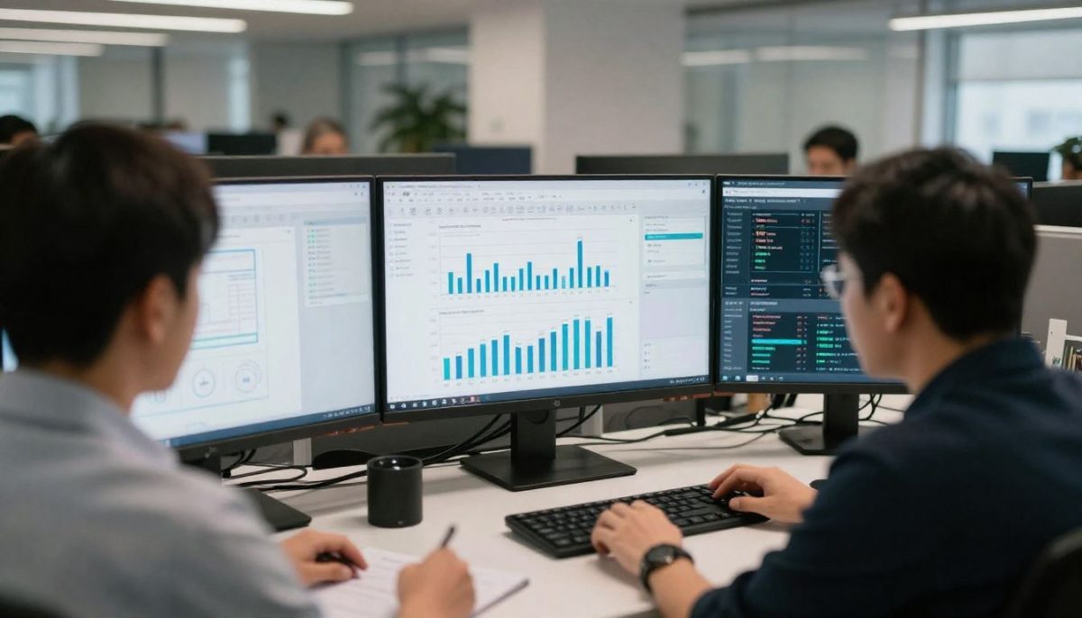 Personas analizando gráficos de datos y programando en computadoras en una oficina moderna.