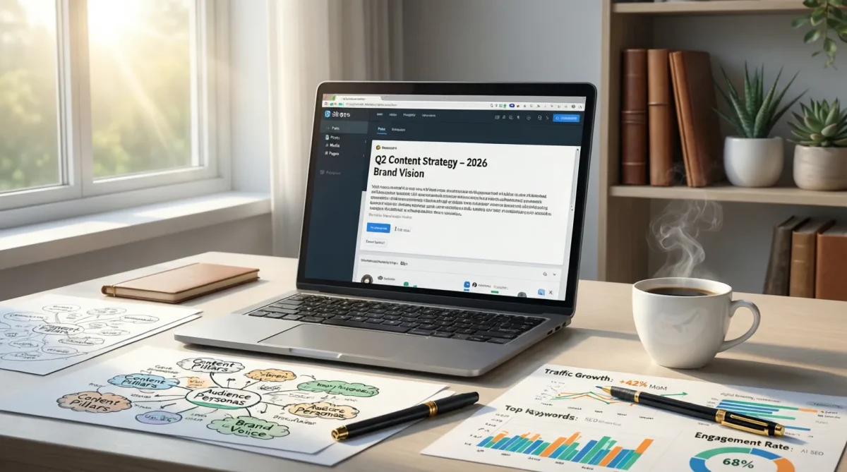 Portátil con estrategia de contenido en escritorio, gráficos y café, luz natural en oficina.