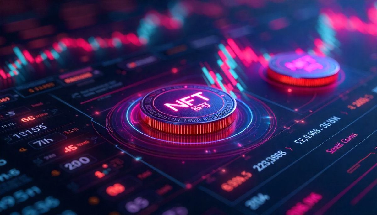 Monedas NFT brillantes en gráficas digitales de criptomonedas y tecnología blockchain con luces de neón.