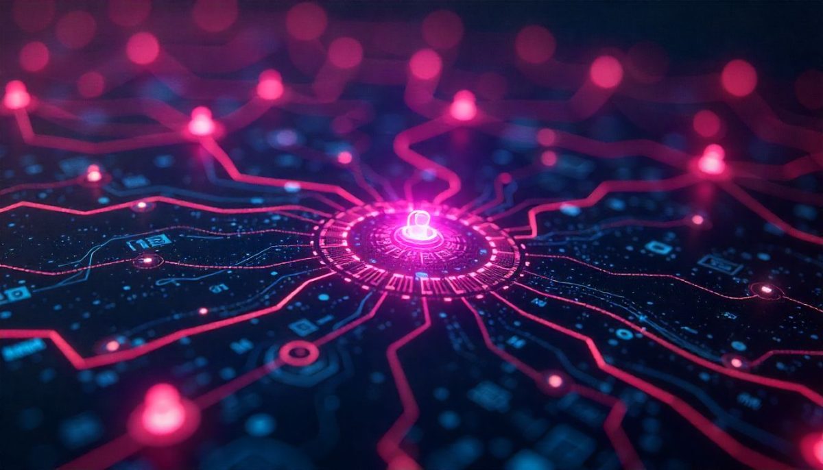 Circuito digital futurista con luces LED rojas y conexión central, tecnología avanzada.