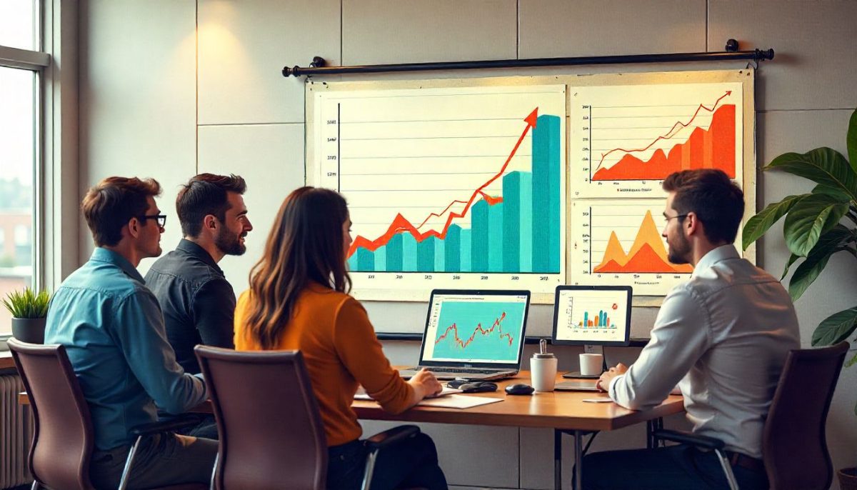 Personas analizando gráficos financieros en una reunión de negocios en una oficina moderna.