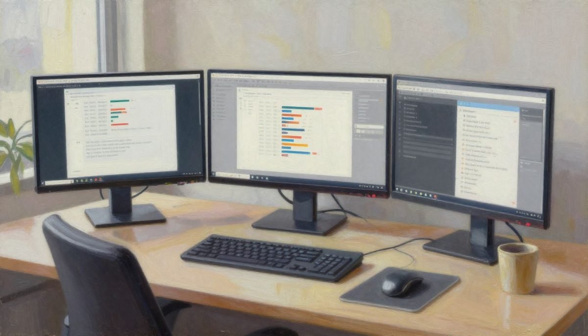 Oficina con tres monitores, teclado y café, mostrando análisis de datos y gráficos en pantalla.