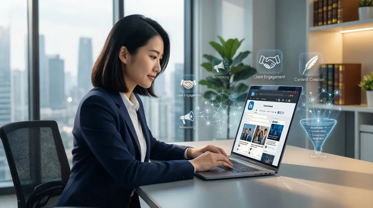 Mujer usando laptop en oficina, enfocada en estrategias de networking y creación de contenido digital.