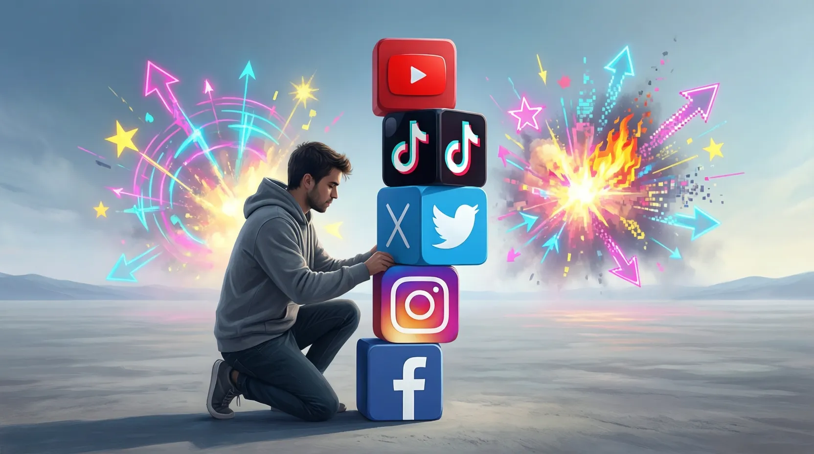 Persona conectando cubos de redes sociales con explosión de color de fondo.